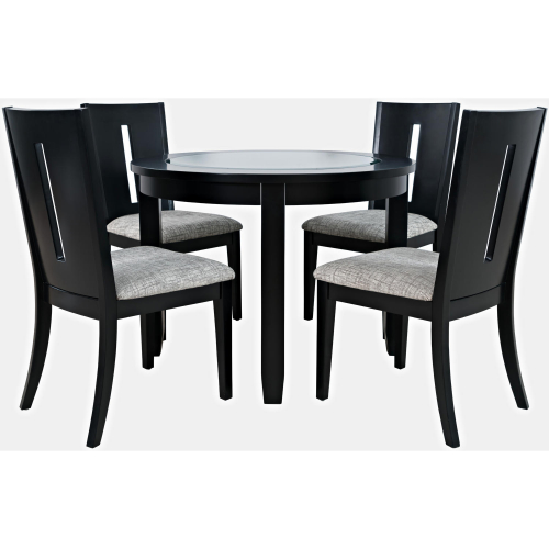 Urban Icon 5 Piece Round Dining Set in Black Wood, Glass & Grey Fabric